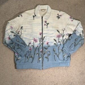 Vintage Teddi Fleece Zip Jacket Women's Sz PL Blue Floral 90s Made in Mexico